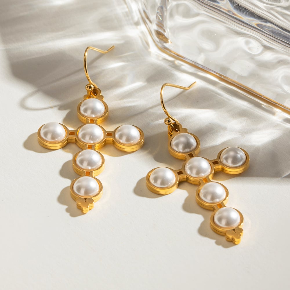 1 pair simple series retro cross stainless steel  gold plated artificial pearl women earrings set h5Picture4