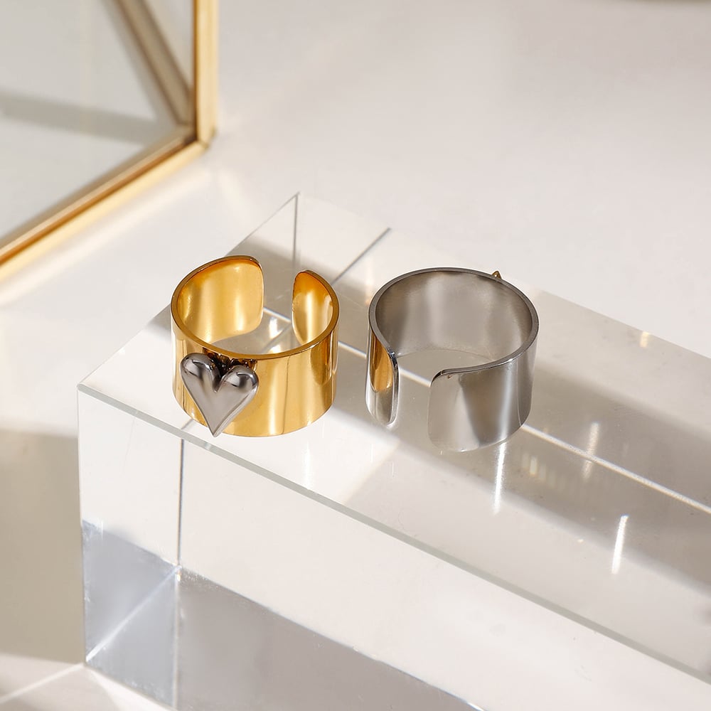1 Pair Romantic Series Love Heart Fashionable Stainless Steel Gold and Silver Color Women's Adjustable Rings h5Picture5