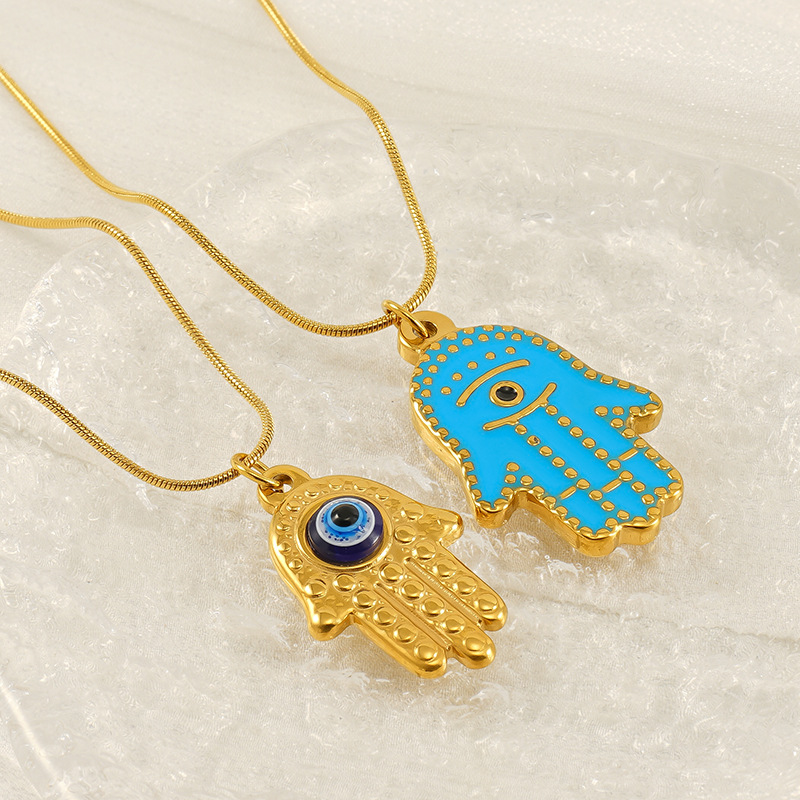 1 piece classic retro style hand shape with eye titanium steel  gold plated women's pendant necklace h5Picture3