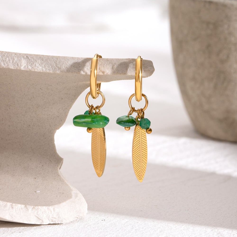1 pair ethnic series retro plant stainless steel  gold plated natural stone women drop earrings h5Picture3
