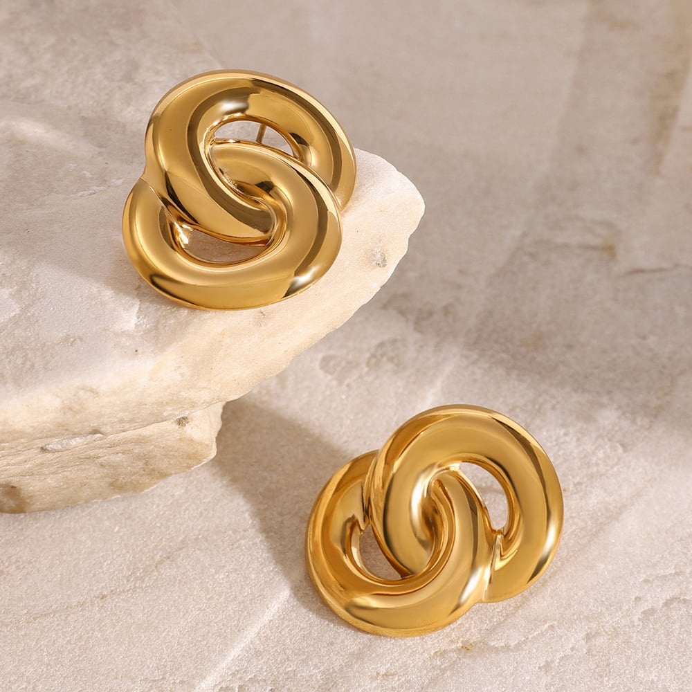 1 pair stylish retro style oval-intersected shape stainless steel  gold plated women's stud earrings h5Picture4