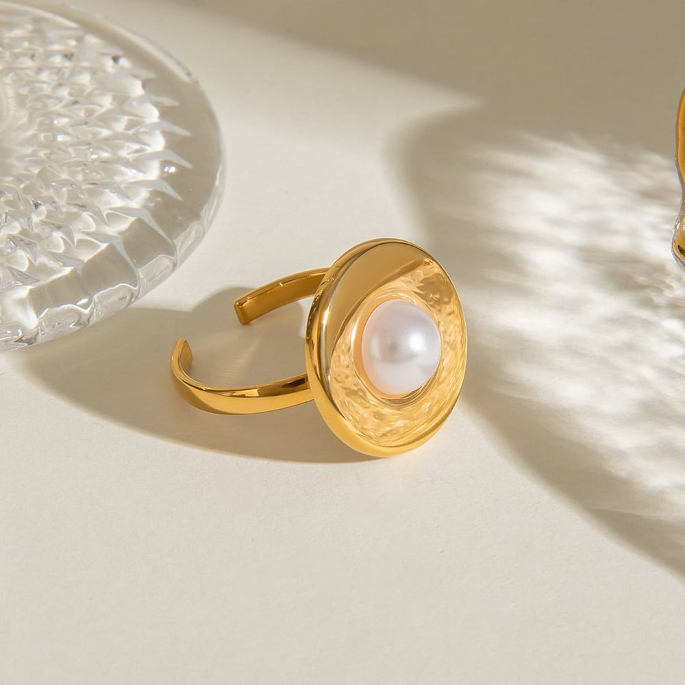 1 paio di anelli regolabili da donna in acciaio inossidabile placcato oro  con perle artificiali della serie semplice Immagine2