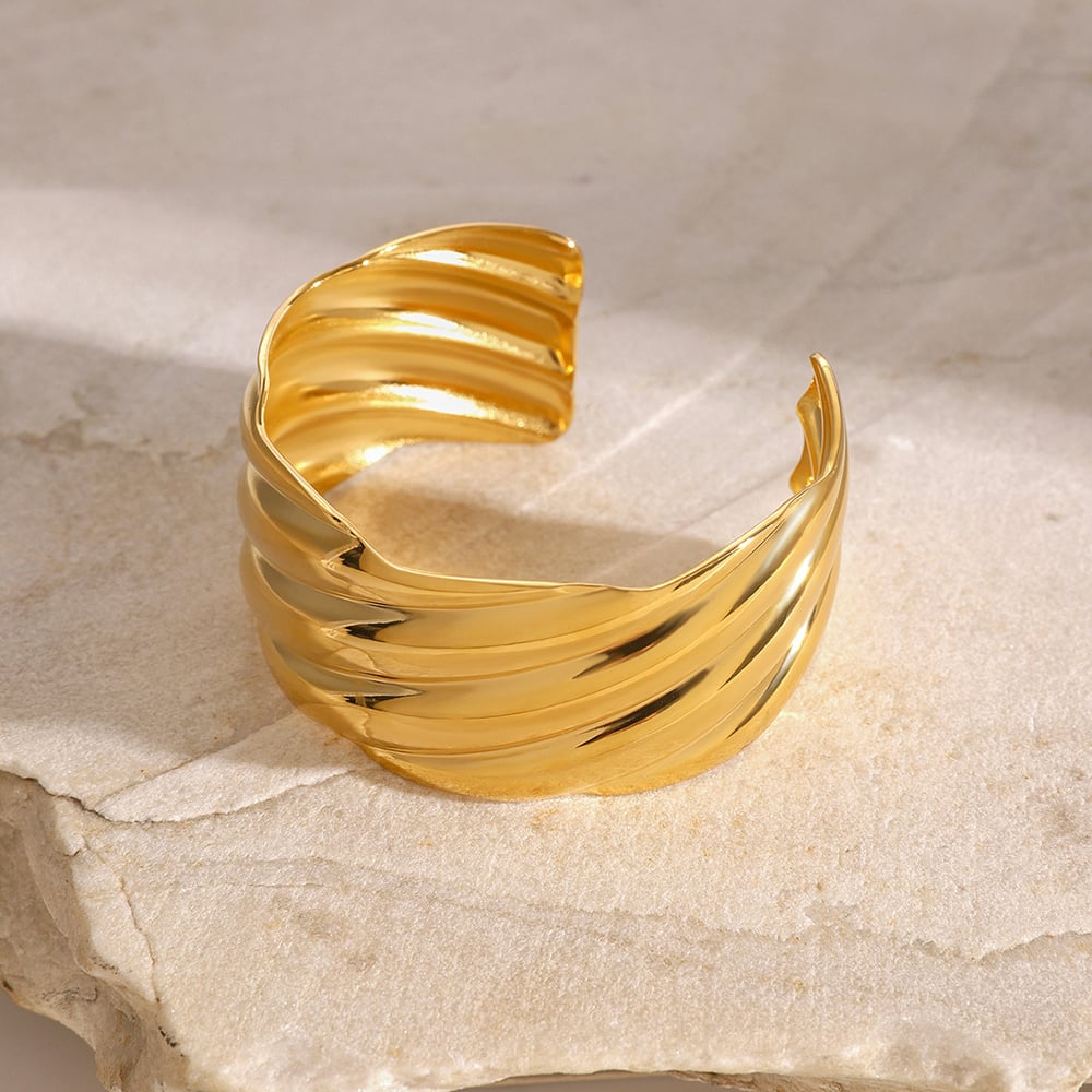 1 Piece Retro Thread Pattern Stainless Steel Gold Color Cuff Bracelet h5Picture3