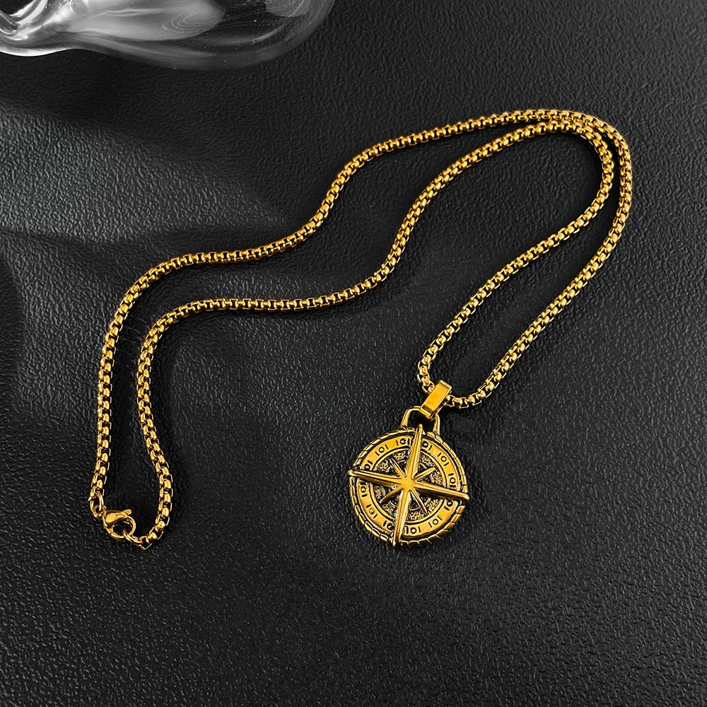 Çok Yönlü Retro Pusula Paslanmaz Çelik Altın Rengi Erkek Kolyeleri Resim8