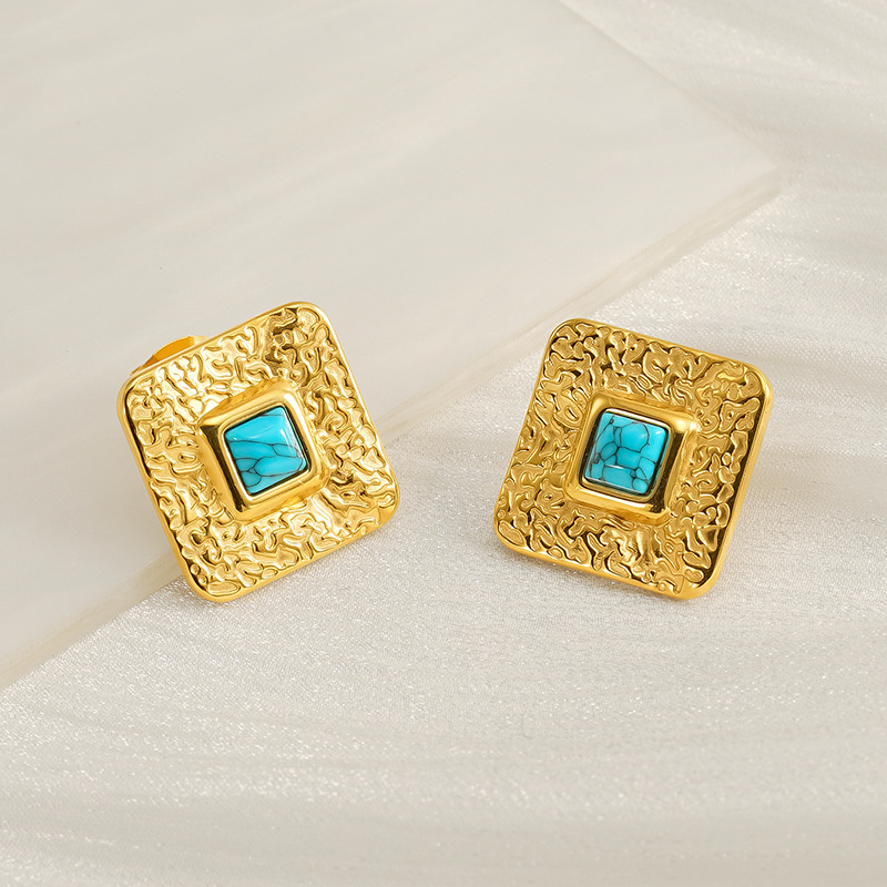 1 pair simple retro style geometric shape stainless steel  gold plated inlay turquoise women's stud earrings h5Picture4