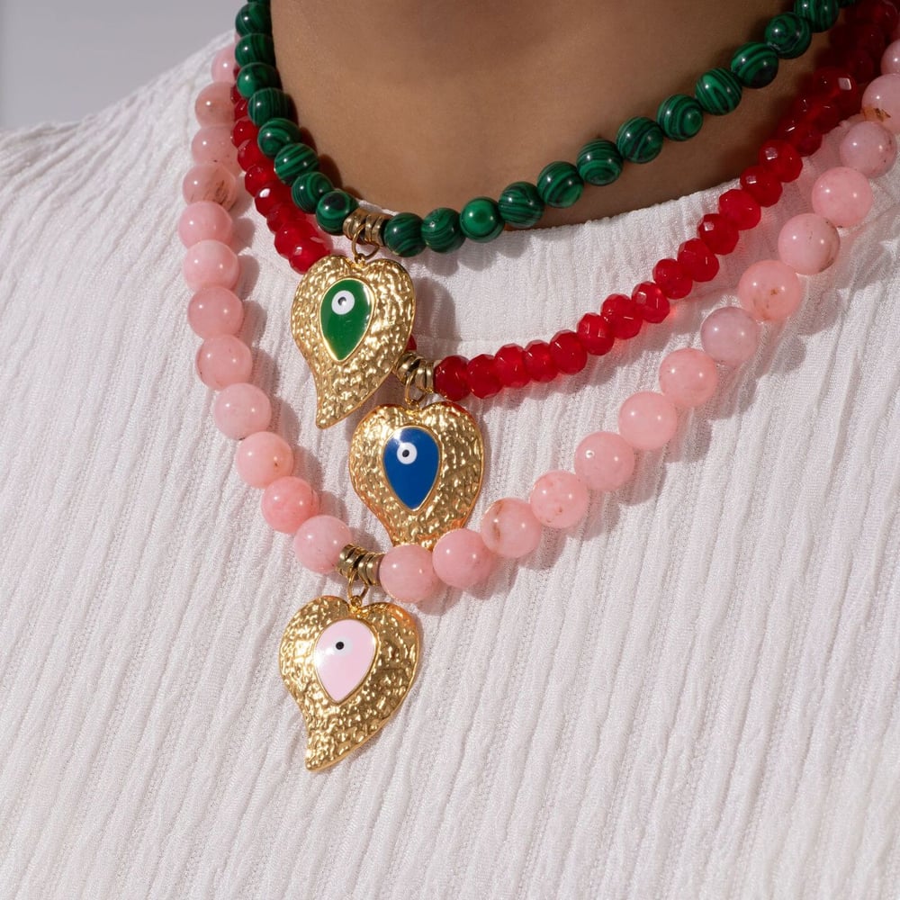 1 Piece Ethnic Series Bohemian Nature Stone Heart & Eye Patern Stainless Steel Gold Color Women's Beaded Necklaces Picture3