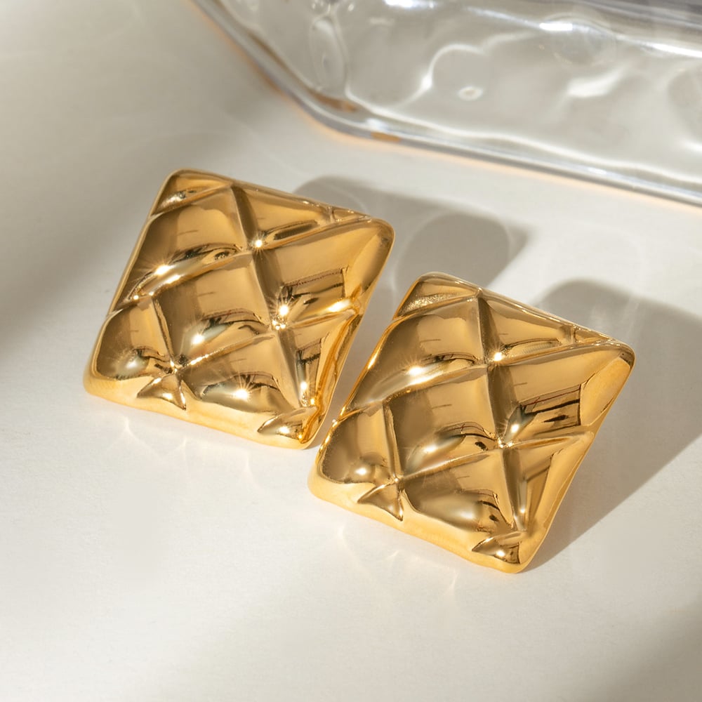 1 Pair Retro Plaid Square Shape Stainless Steel  Gold Color Stud Earrings h5Picture4