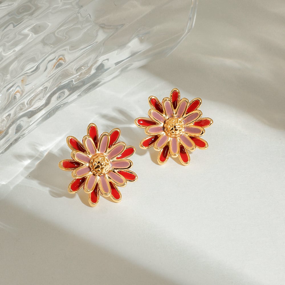 1 Pair Luxurious Series Chic Daisy Oil Drip Technique Stainless Steel Gold Color Women's Stud Earrings h5Picture4