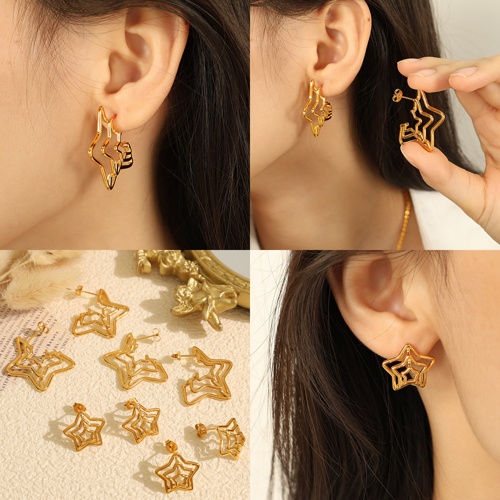 1 pair luxurious series retro geometric titanium steel  gold color plated women's stud earrings h5Picture4
