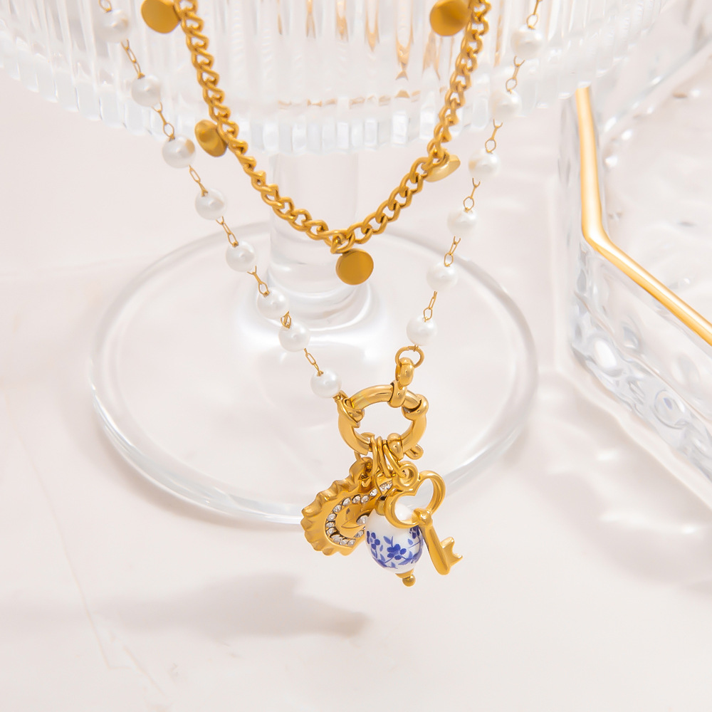 1 piece ethnic series elegant heart stainless steel  gold color plated artificial pearl women's pendant necklaces h5Picture4