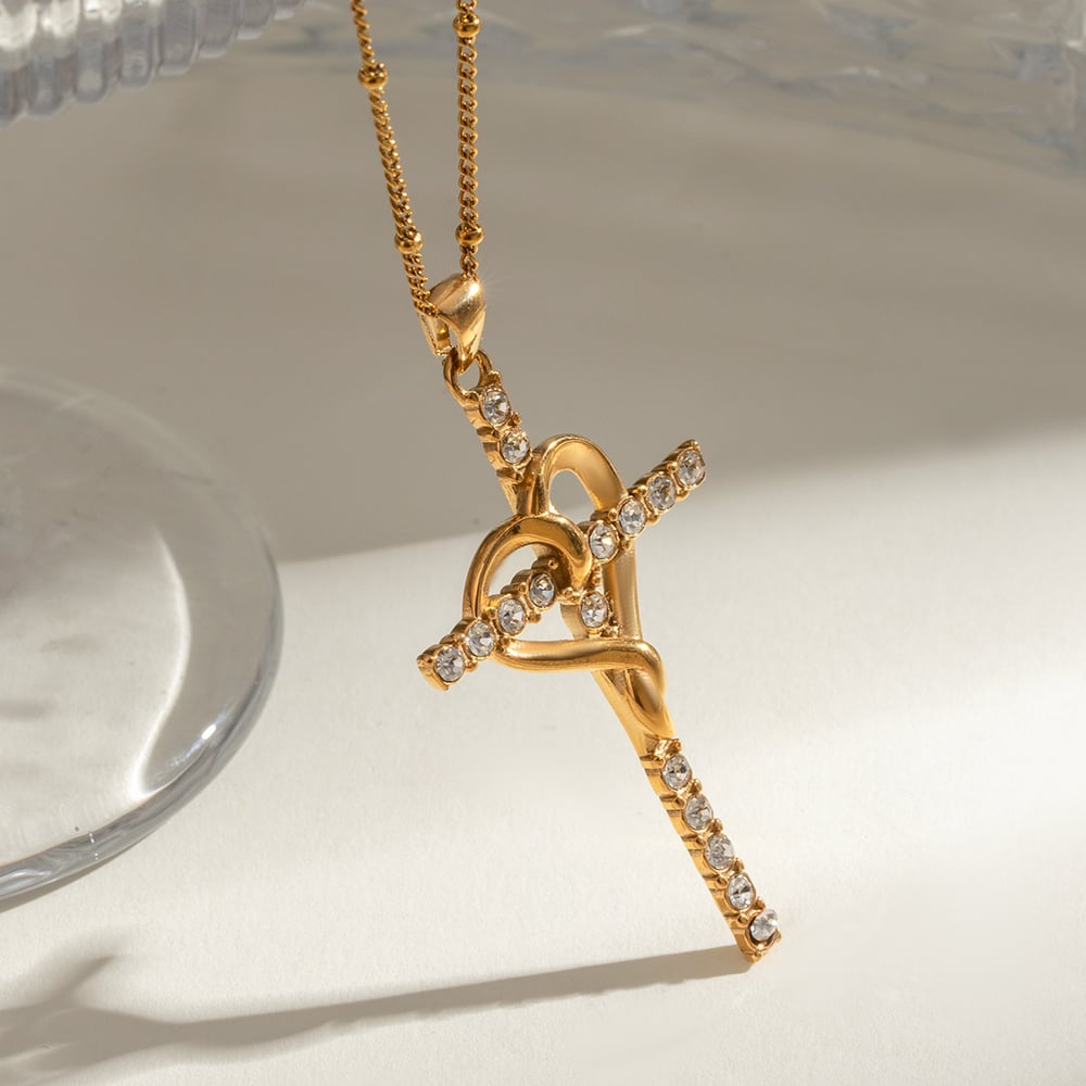 1 piece simple retro style cross shape stainless steel  gold plated inlay white rhinestone women's pendant necklace h5Picture4