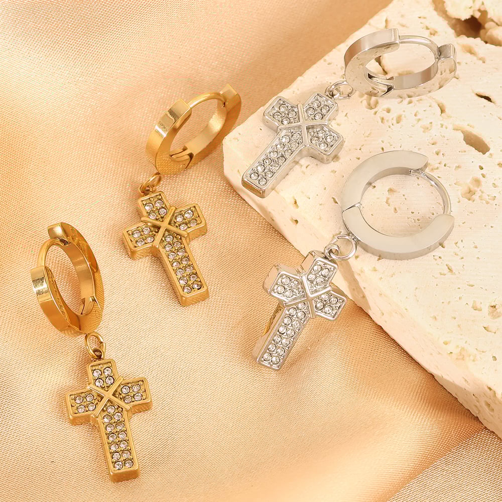 1 Pair Dazzling Series Classic Cross Titanium Steel Gold Color Women's Drop Earrings Picture5