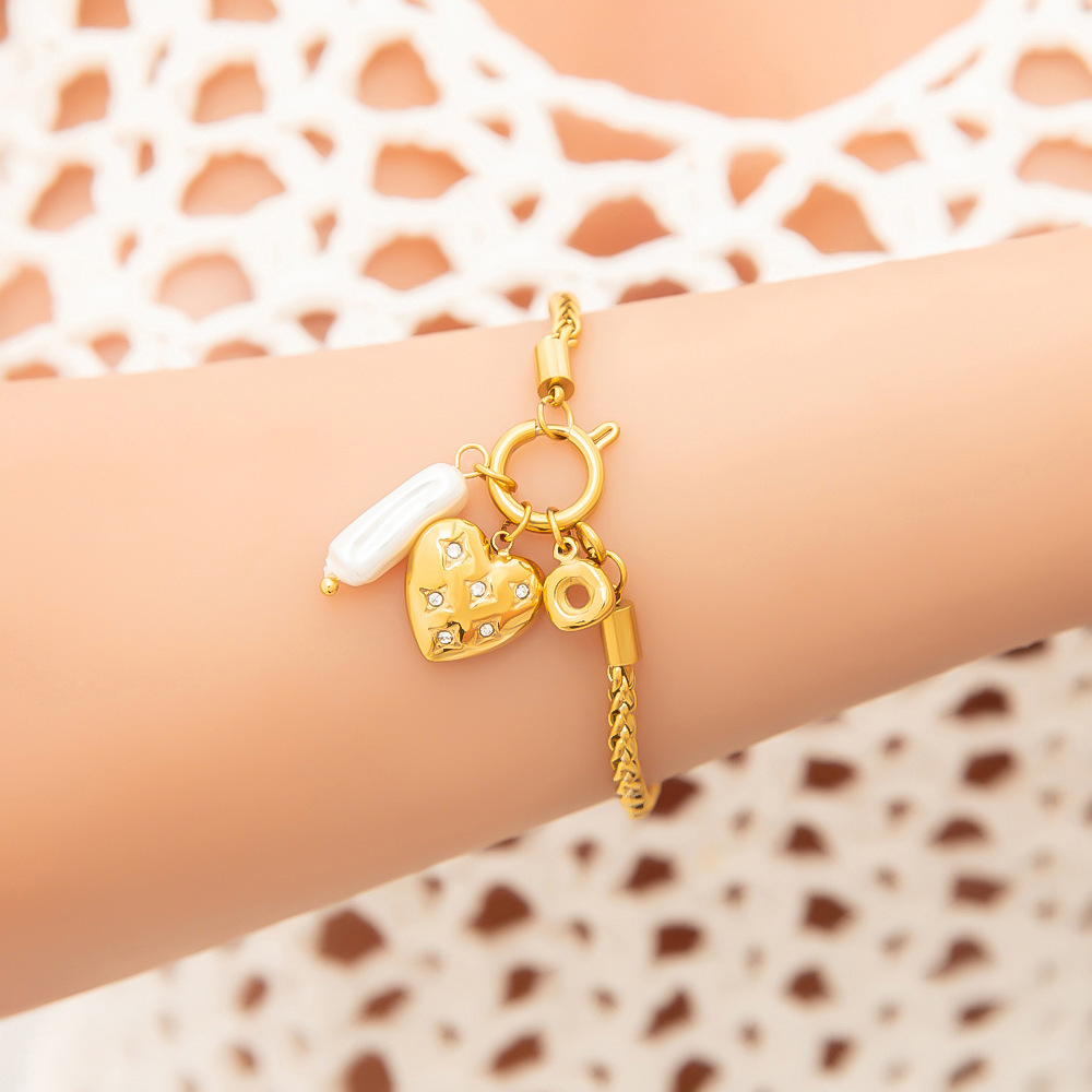 1 piece romantic series elegant heart stainless steel  gold color plated artificial pearl women's charm bracelets Picture5