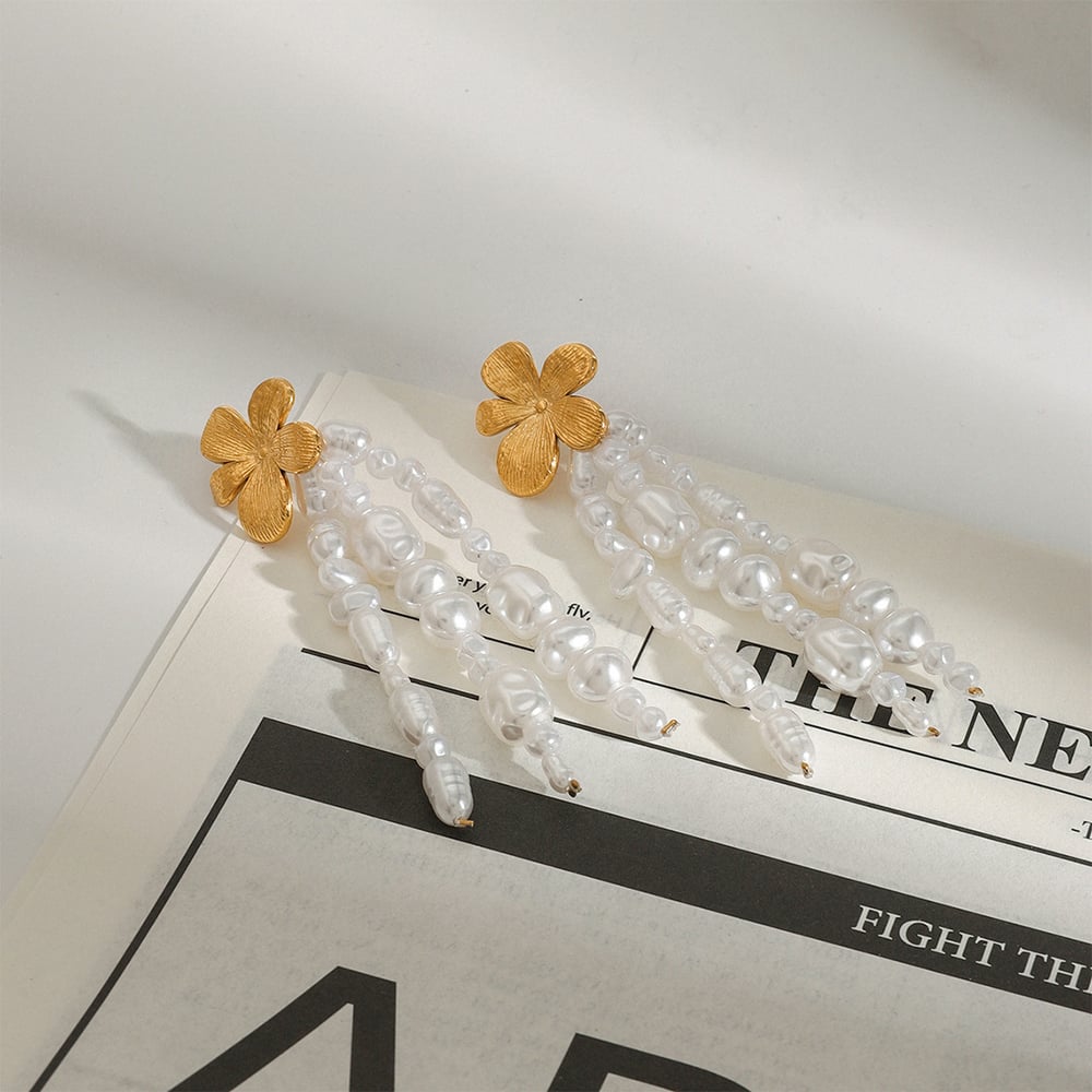 1 Pair Classic Series Elegant Flower Tassel Stainless Steel Gold Color Women's Drop Earrings h5Picture6