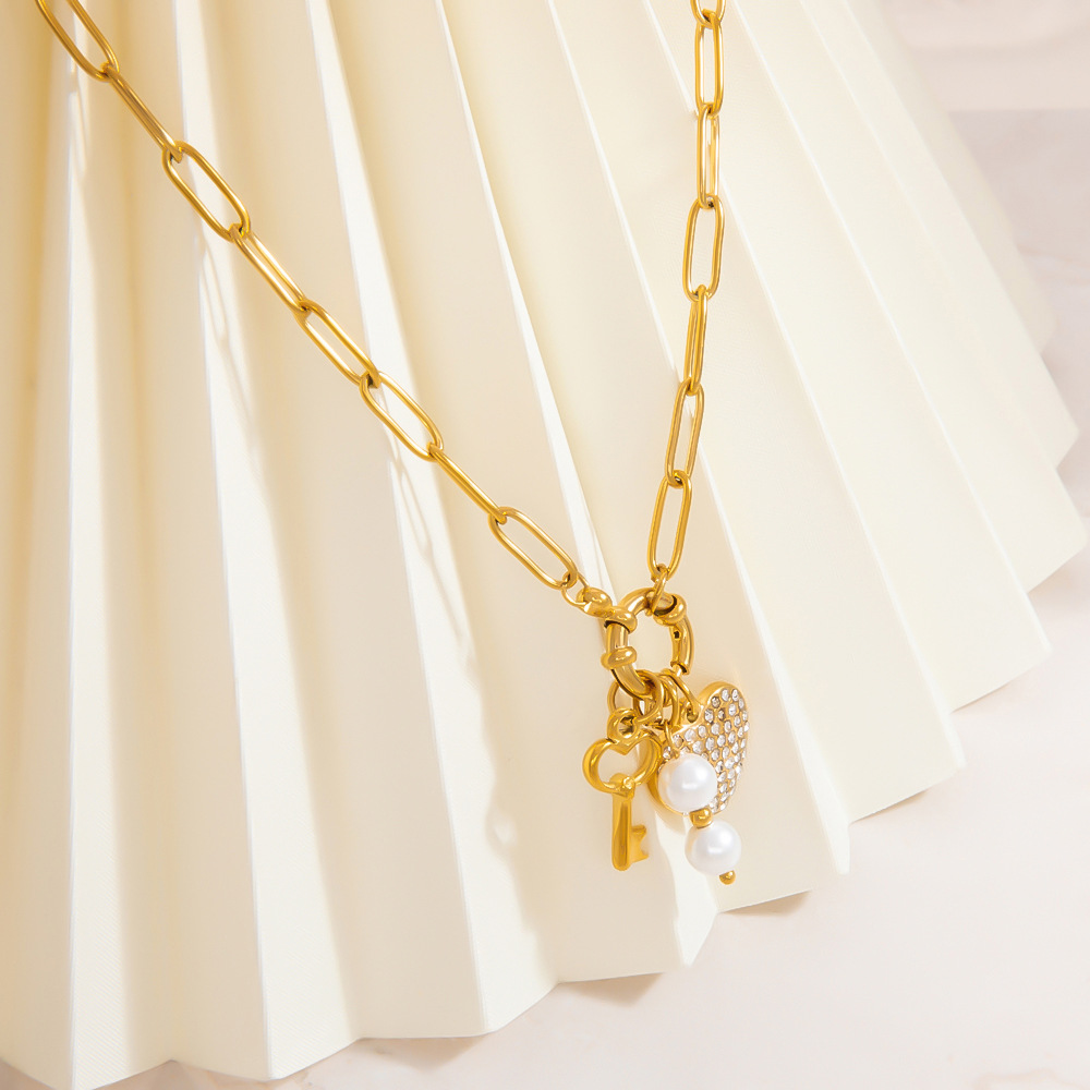 1 piece classic series daily heart stainless steel  gold color plated rhinestone women's pendant necklaces h5Picture3