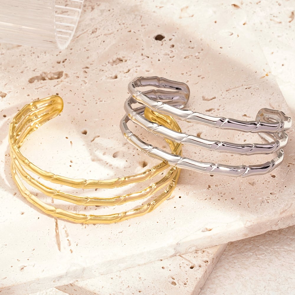 1 Piece Dazzling Series Classic Strip Three-Layers Stainless Steel Gold Color Women's Bangles Picture3