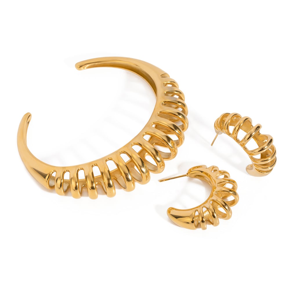 1 paio di orecchini a cerchio cavi in acciaio inossidabile oro 18k modello da strada alla moda stesso stile bracciale a maglie cave orecchini da donna set Immagine5