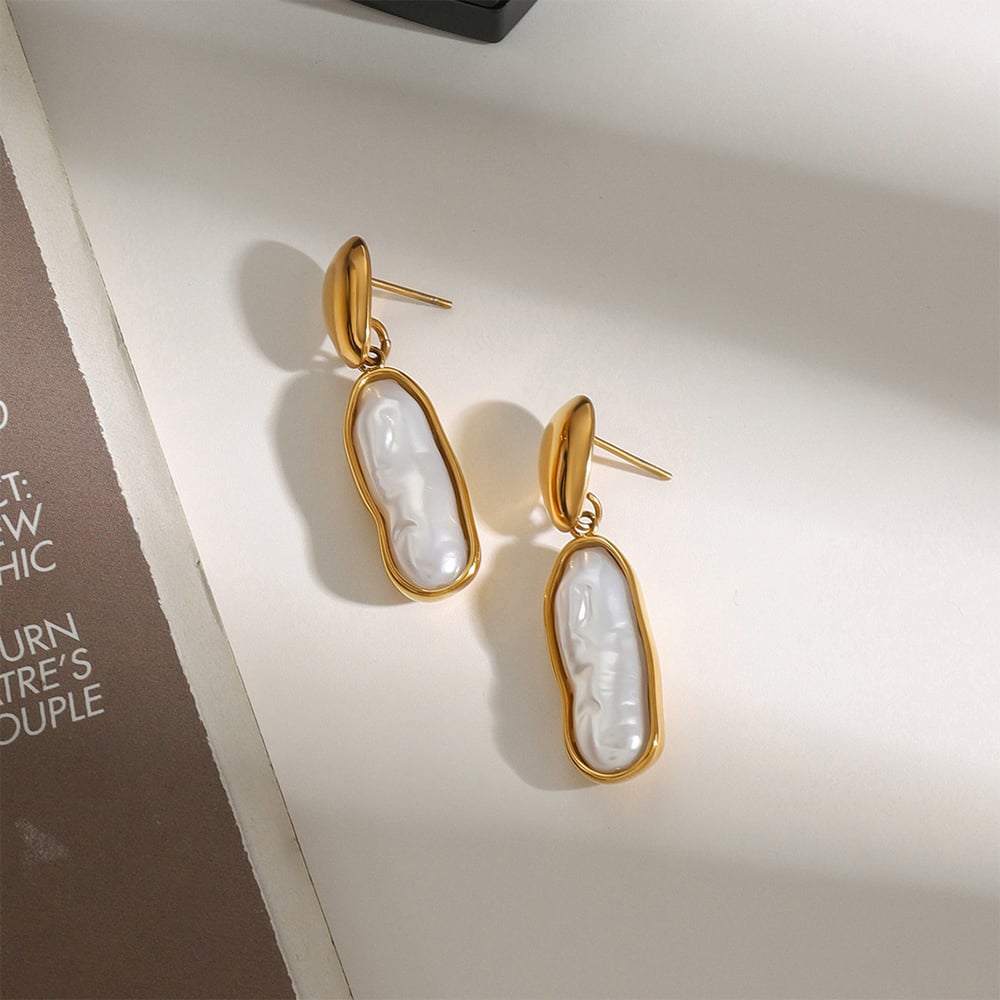 1 Pair Classic Series Irregular Oval Shape Stainless Steel Gold Color Women's Drop Earrings h5Picture5