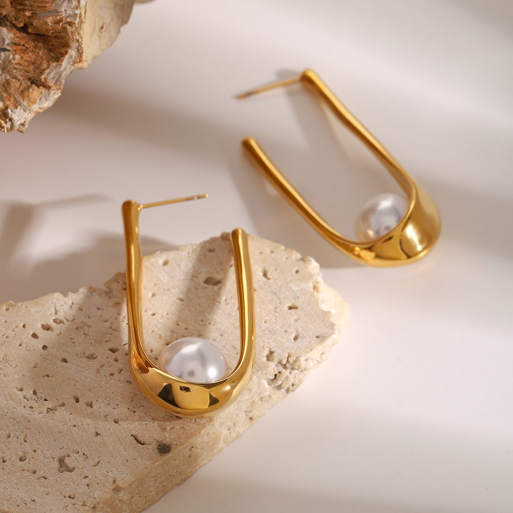 1 pair simple series casual letter stainless steel  gold plated artificial pearl women hoop earrings h5Picture3