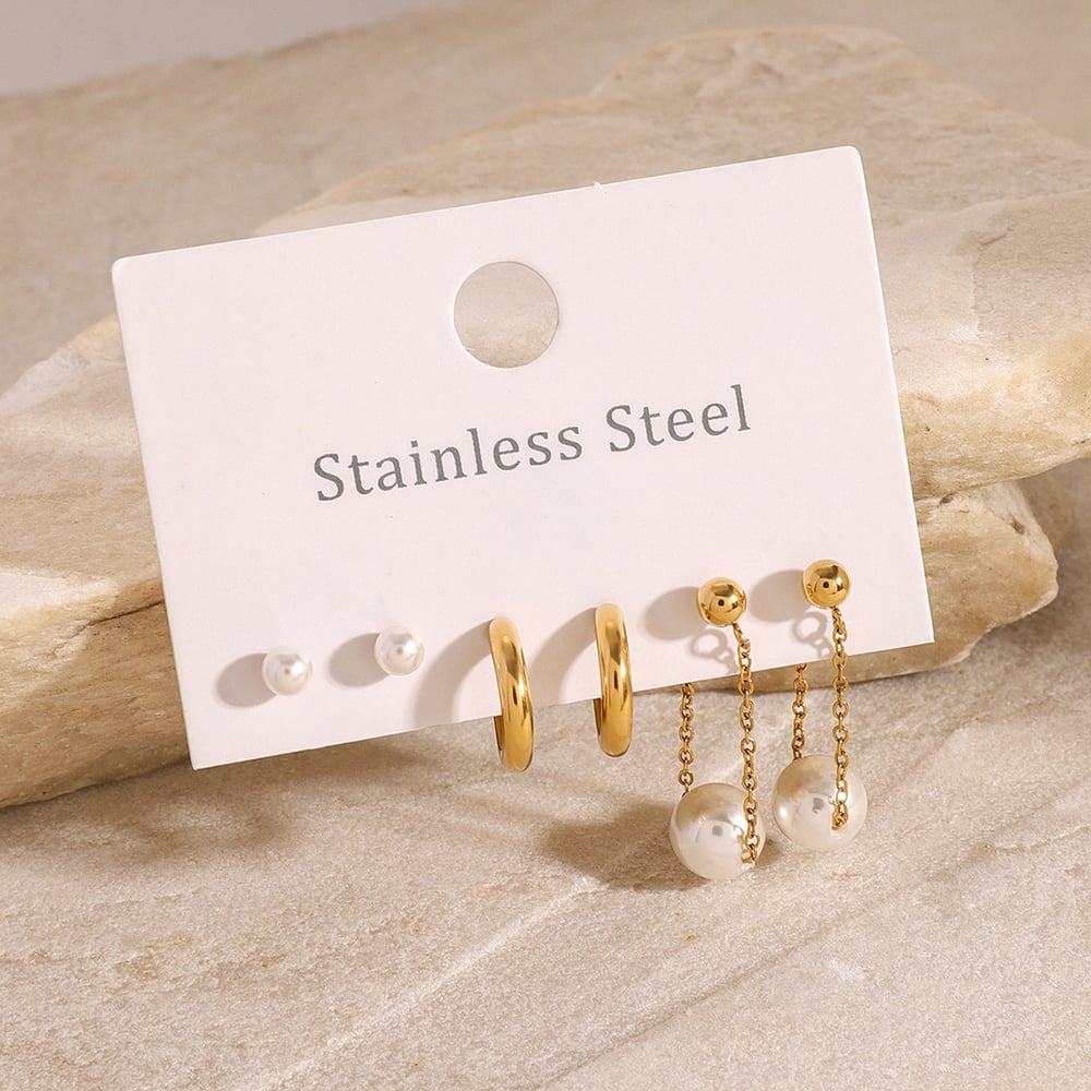 1 pair simple series retro geometric stainless steel  gold plated artificial pearl women earrings set h5Picture2