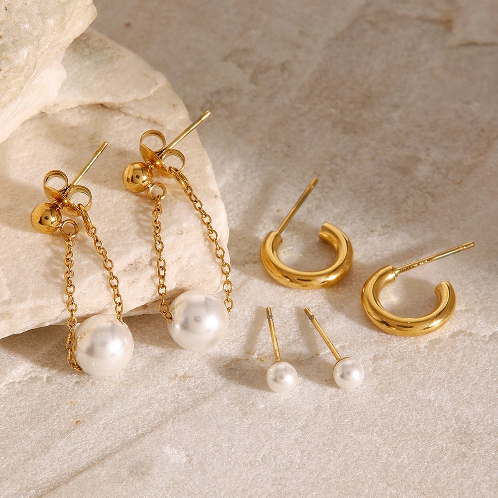 1 pair simple series retro geometric stainless steel  gold plated artificial pearl women earrings set h5Picture3