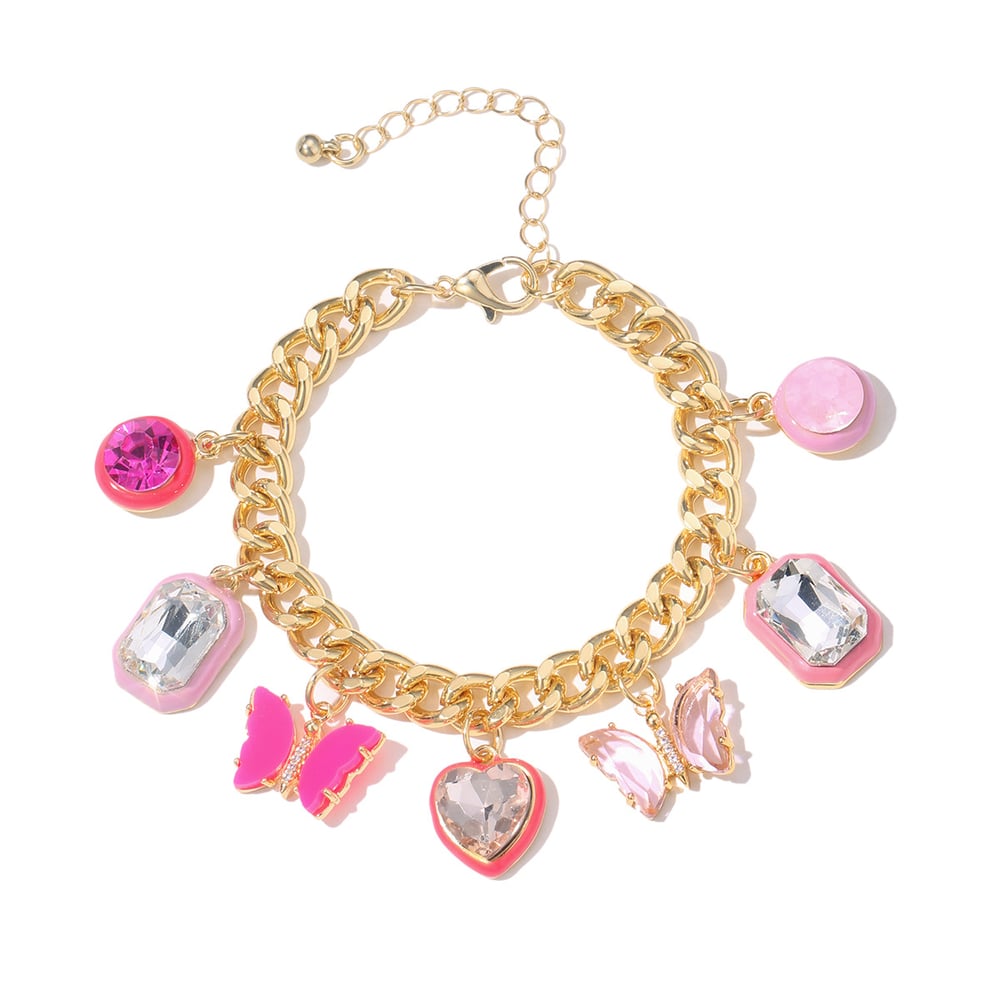 1 Piece Dazzling Style Chic Pink Heart & Butterfly Shape Gold Color Alloy Women's Charm Bracelets h5Picture6