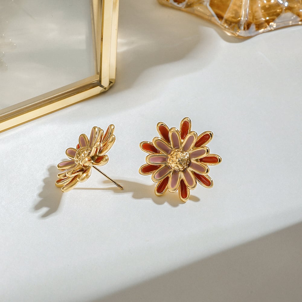 1 Pair Luxurious Series Chic Daisy Oil Drip Technique Stainless Steel Gold Color Women's Stud Earrings h5Picture8