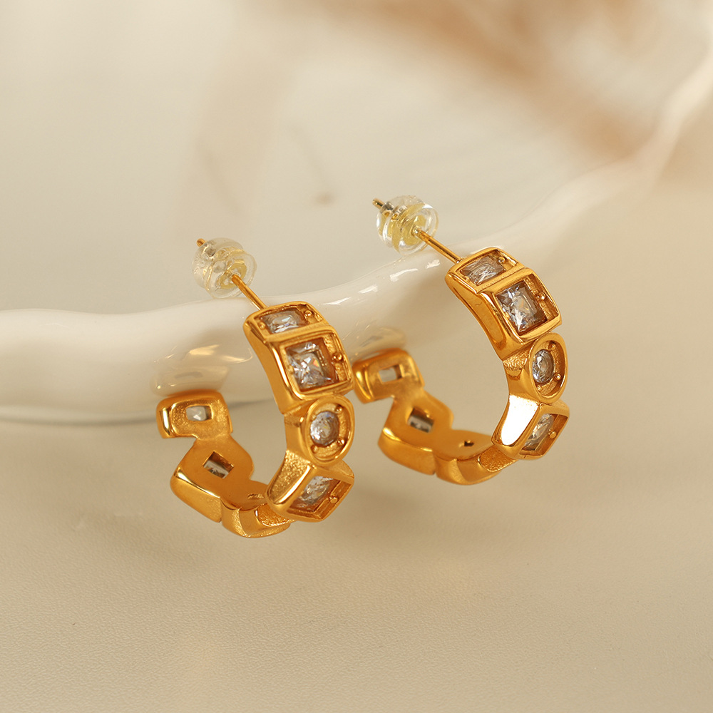 1 pair simple series simple geometric stainless steel  gold plated zircon women hoop earrings Picture3