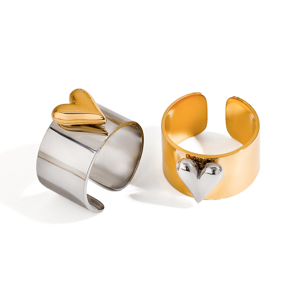 1 Pair Romantic Series Love Heart Fashionable Stainless Steel Gold and Silver Color Women's Adjustable Rings h5Picture10