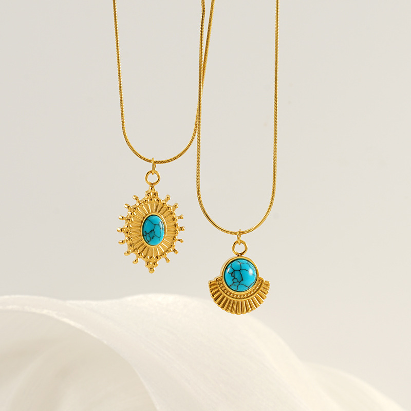 1 piece classic retro style geometric shape stainless steel  gold plated inlay turquoise women's pendant necklace h5Picture4