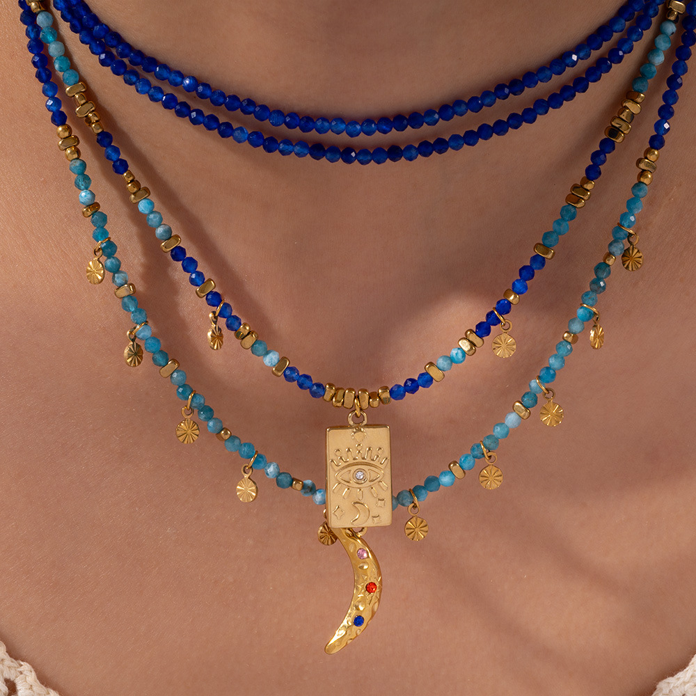 1 Piece Exquisite Series Retro Moon Shape Pendant Stainless Steel Gold Color Women's Beaded Necklaces Picture4