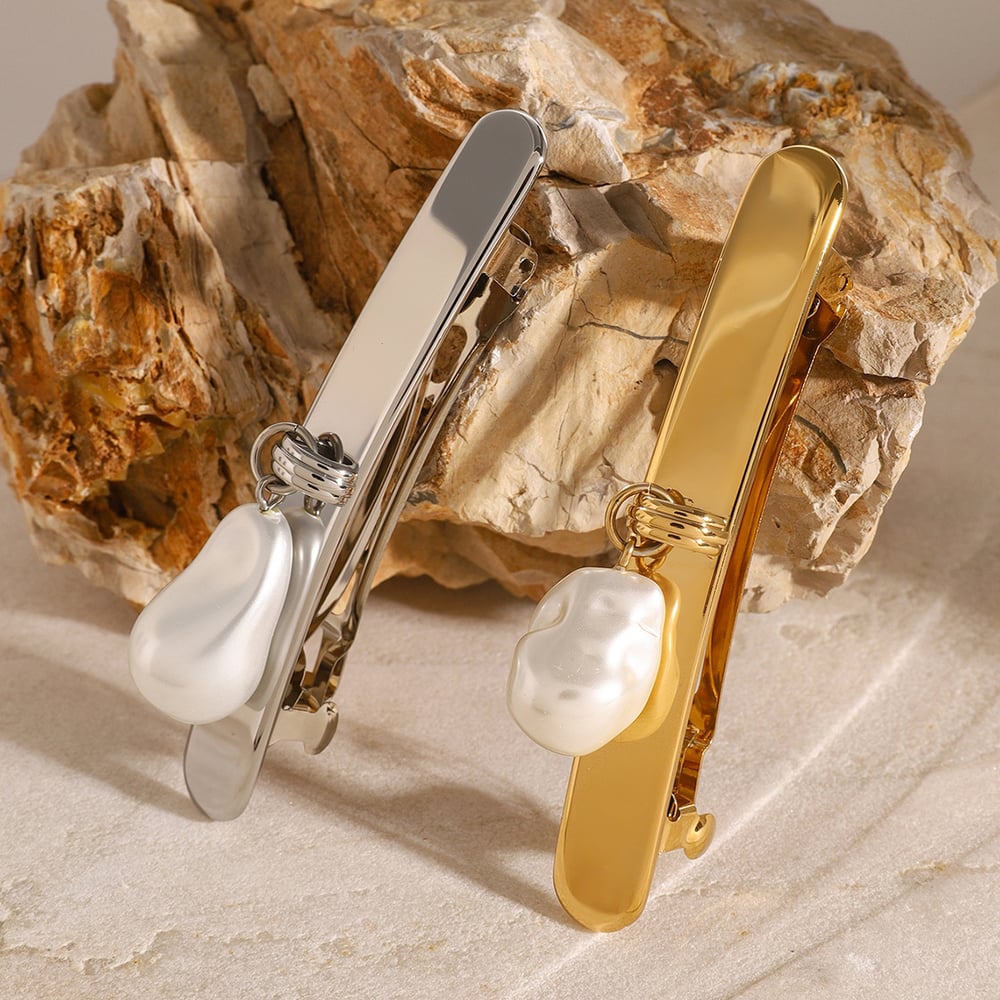 1 pair simple series retro solid color stainless steel  gold plated artificial pearl women hair clips Picture3