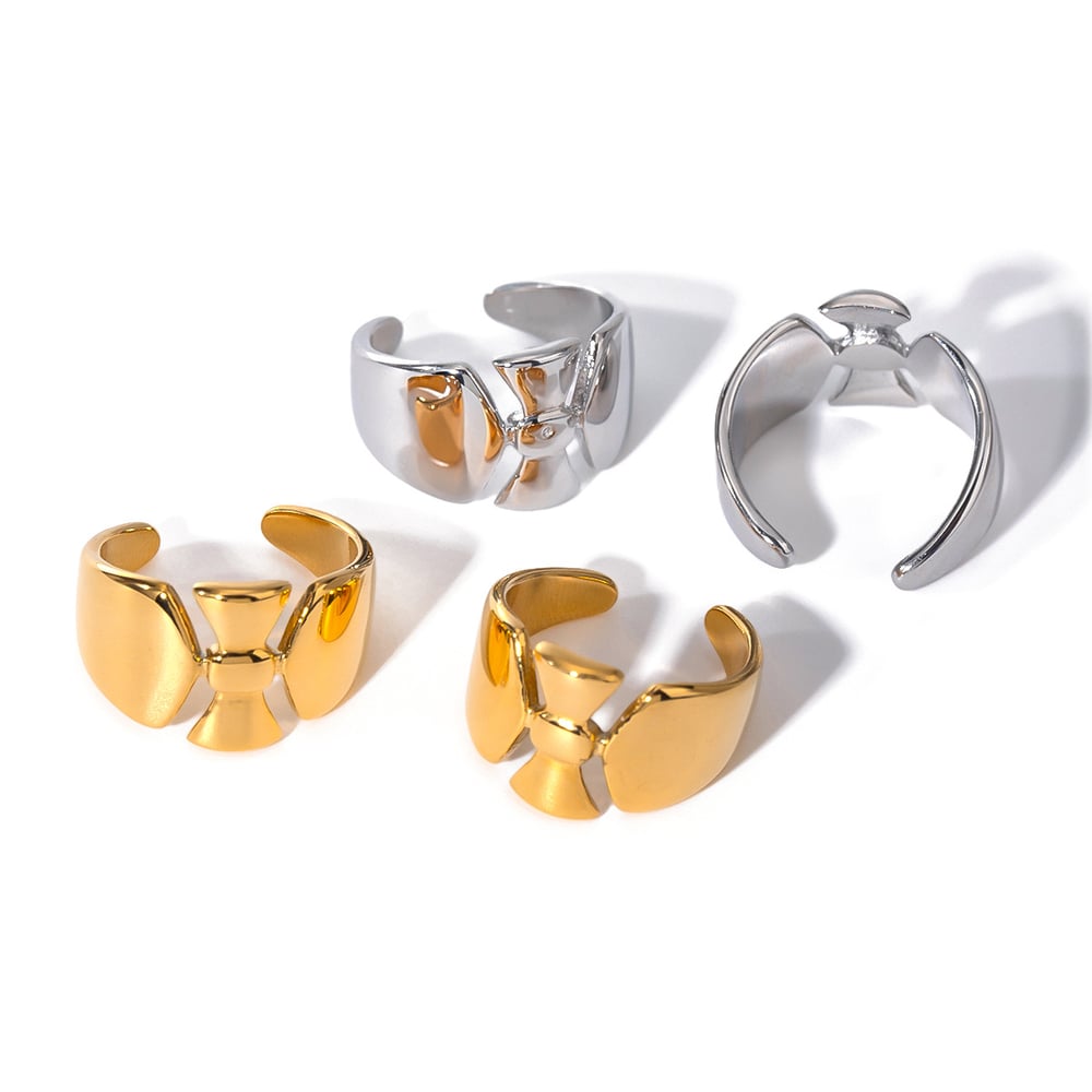 1 pair simple series casual bow knot stainless steel  gold plated women adjustable rings h5Picture5