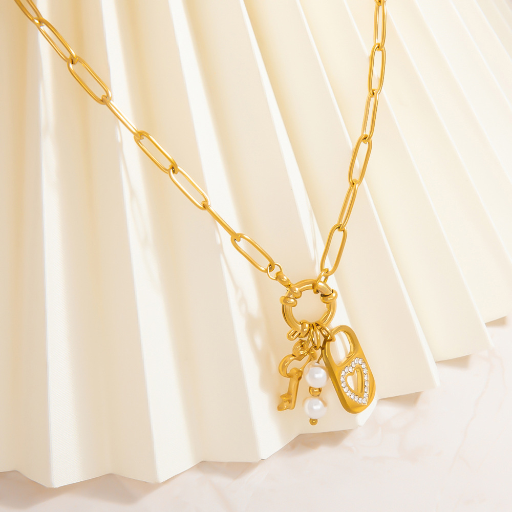 1 piece classic series retro lock and key stainless steel  gold color plated rhinestone women's pendant necklaces h5Picture3