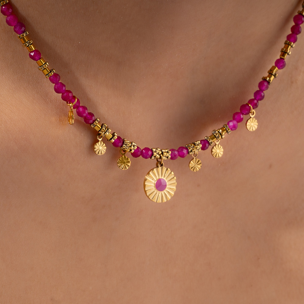 1 Piece Intricate Series Retro Circle Stainless Steel Gold Color Pink Natural Stone Women's Pendant Necklaces h5Picture7