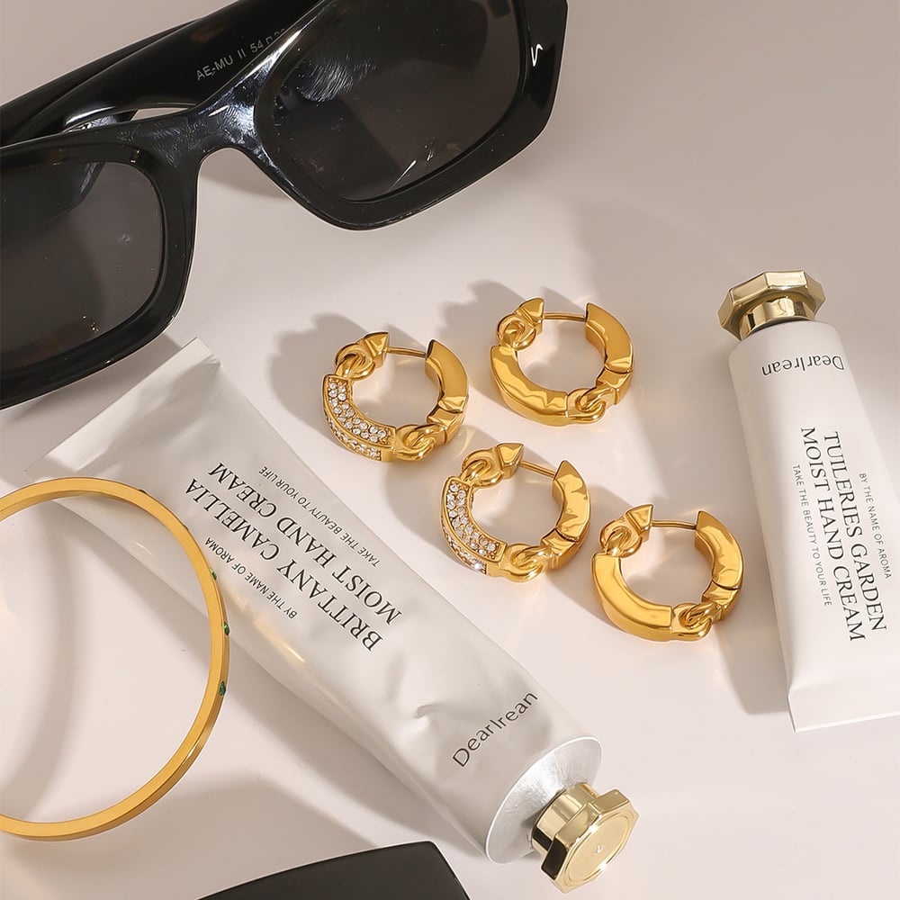 1 pair simple series elegant annular stainless steel  gold plated rhinestone women hoop earrings Picture7