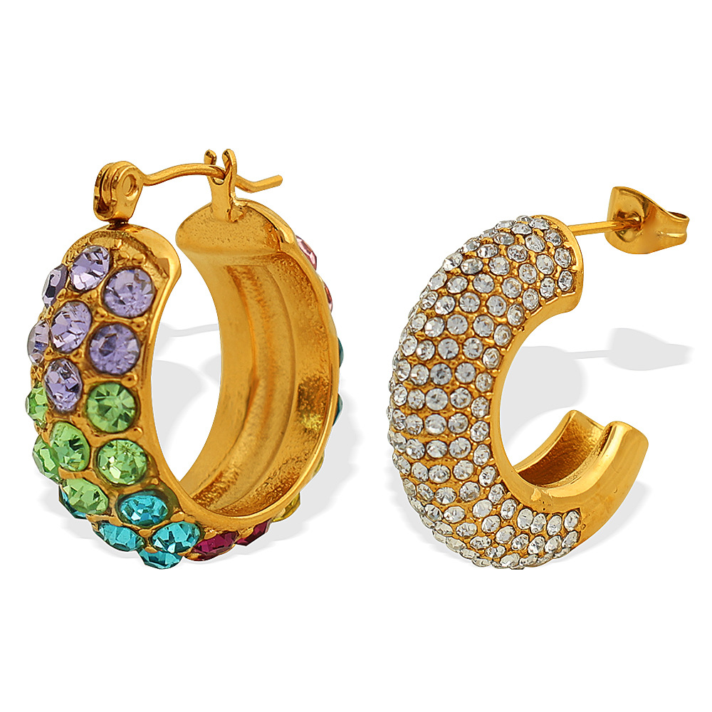 1 pair luxurious series simple geometric stainless steel gold color plated rhinestone women's hoop earrings h5Picture9