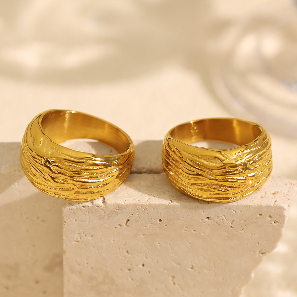 1 pair simple series retro strip titanium steel  gold color plated women's single rings h5Picture3