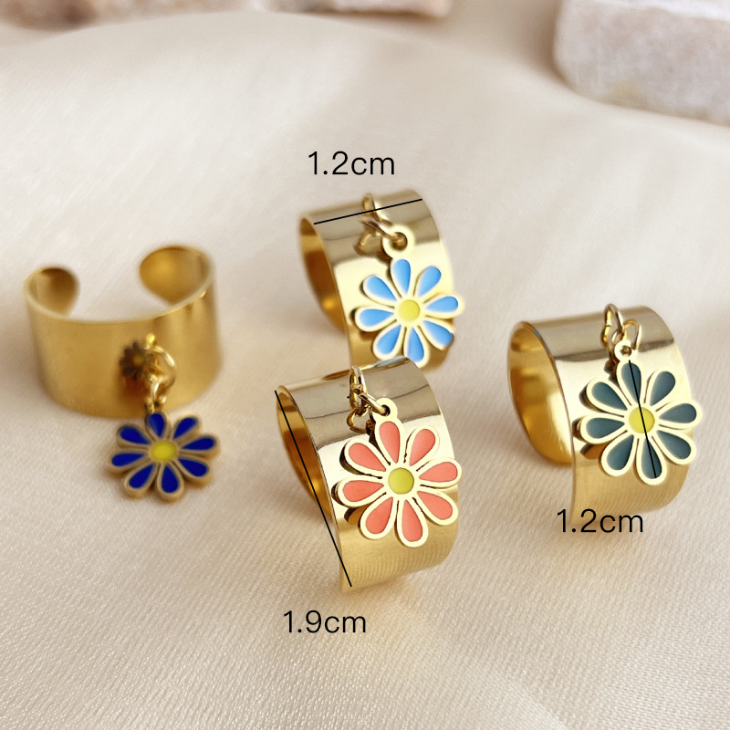 1 Piece Romantic Series Colorful Natural Daisy Dangle Stainless Steel Gold Color Women's Adjustable Rings Picture5