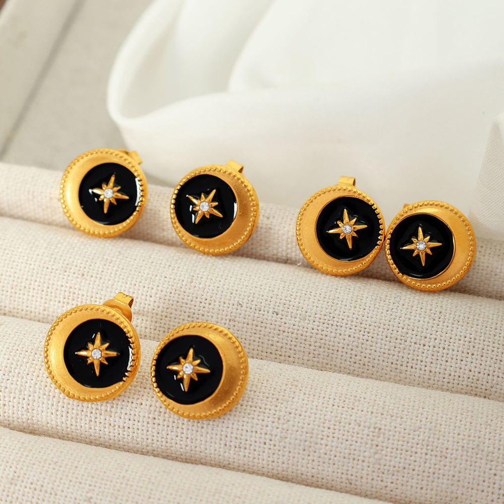 1 pair classic series retro sun/moon stainless steel  gold plated rhinestone women stud earrings h5Picture4