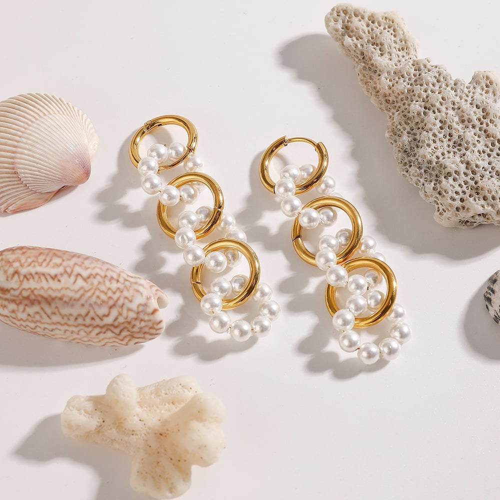 1 Pair Luxurious Series Elegant Circular Stainless Steel Gold Color Women's Beaded Drop Earrings h5Picture3