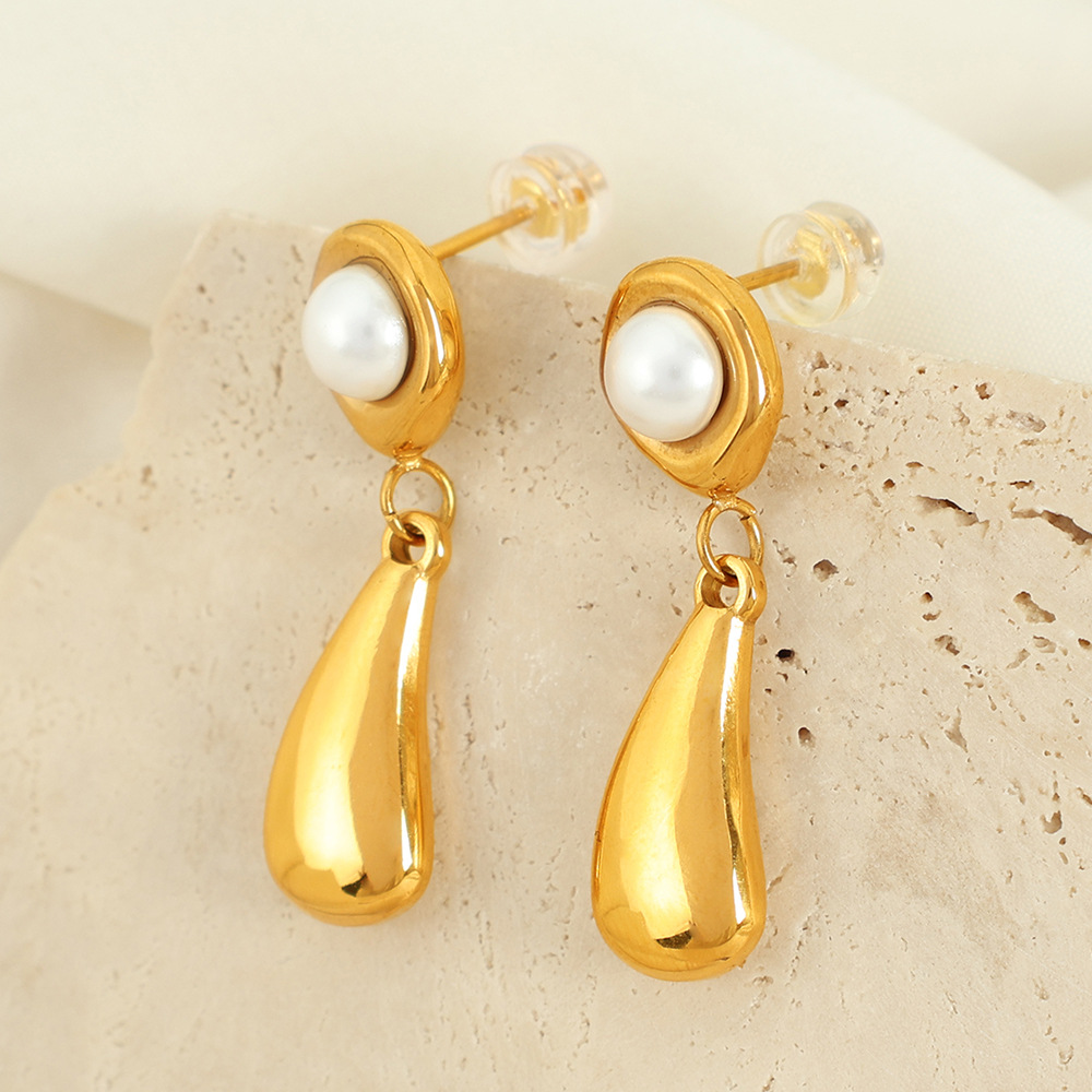 1 Pair Small design simple temperament earrings pearl electroplating  metal water drop earrings earrings female French retro women's pendant earrings Picture3