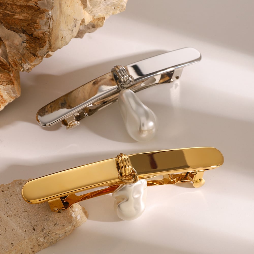 1 pair simple series retro solid color stainless steel  gold plated artificial pearl women hair clips Picture4