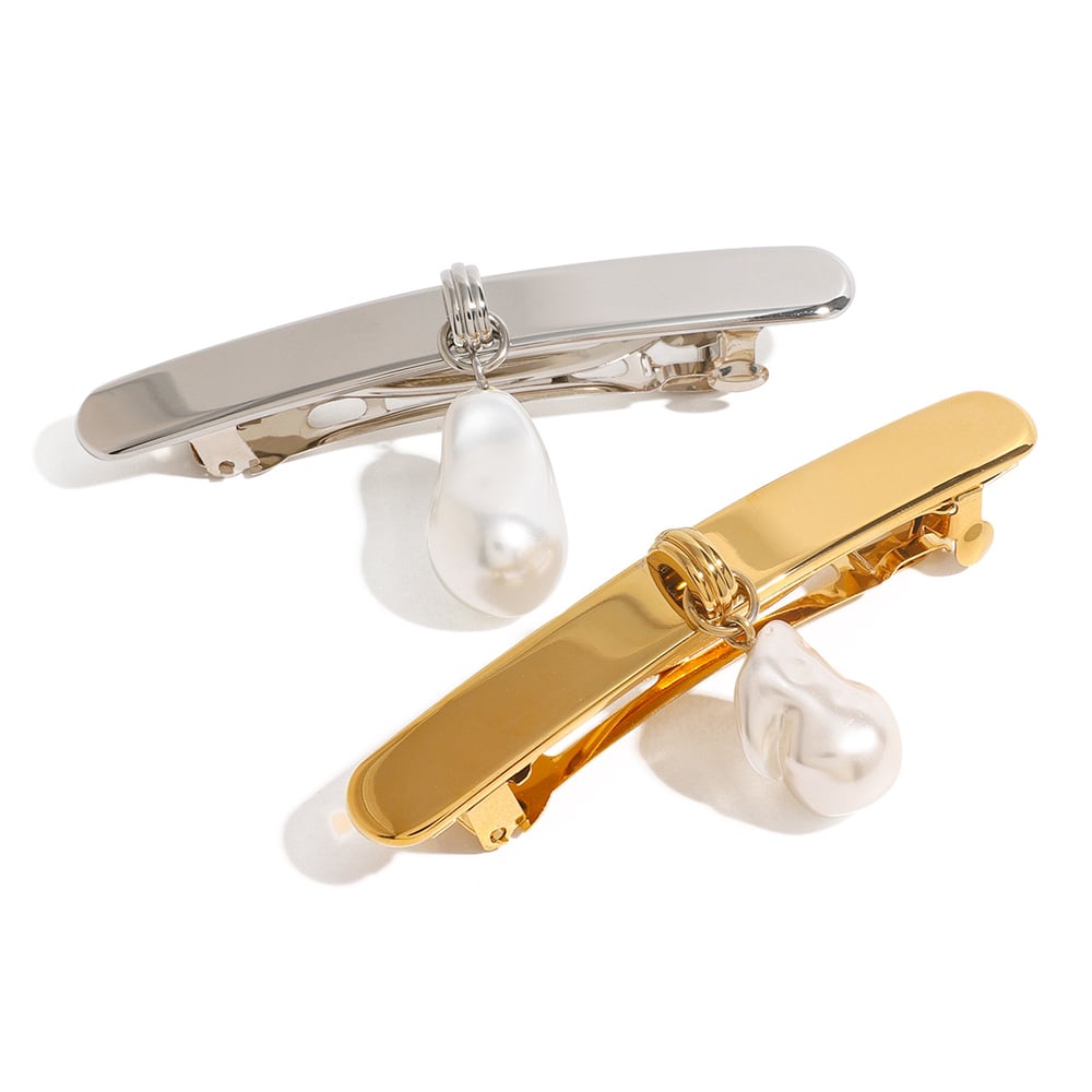 1 pair simple series retro solid color stainless steel  gold plated artificial pearl women hair clips Picture5