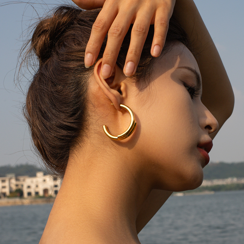 1 pair simple series simple letter titanium steel  gold plated women hoop earrings h5Picture4