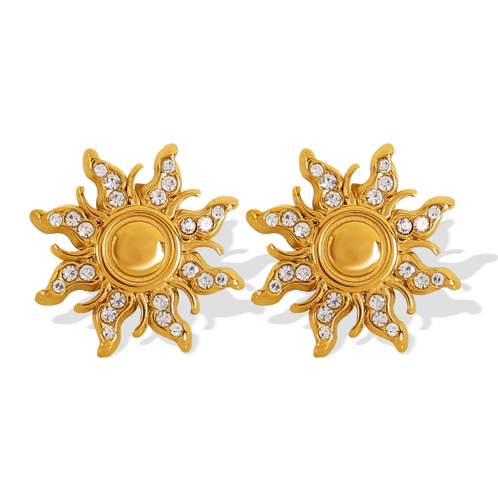 1 pair simple series retro sun/moon stainless steel  gold plated rhinestone women stud earrings h5Picture4