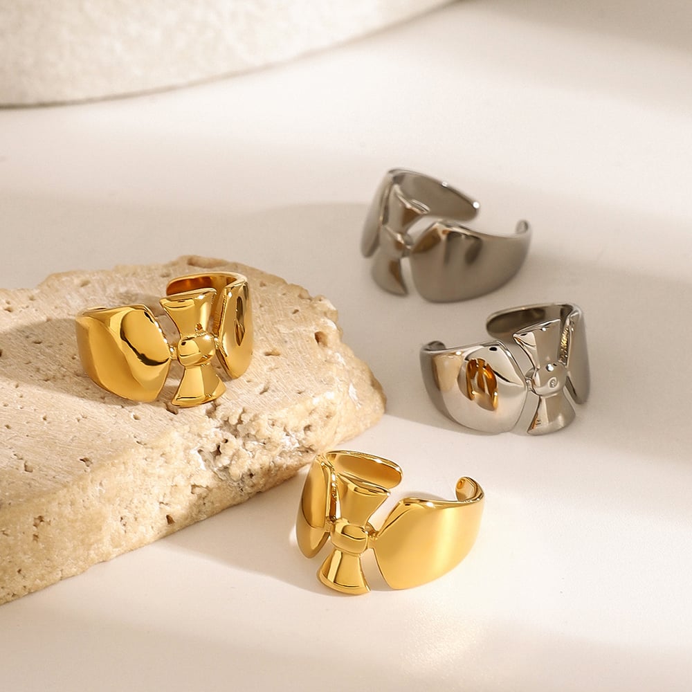 1 pair simple series casual bow knot stainless steel  gold plated women adjustable rings h5Picture3