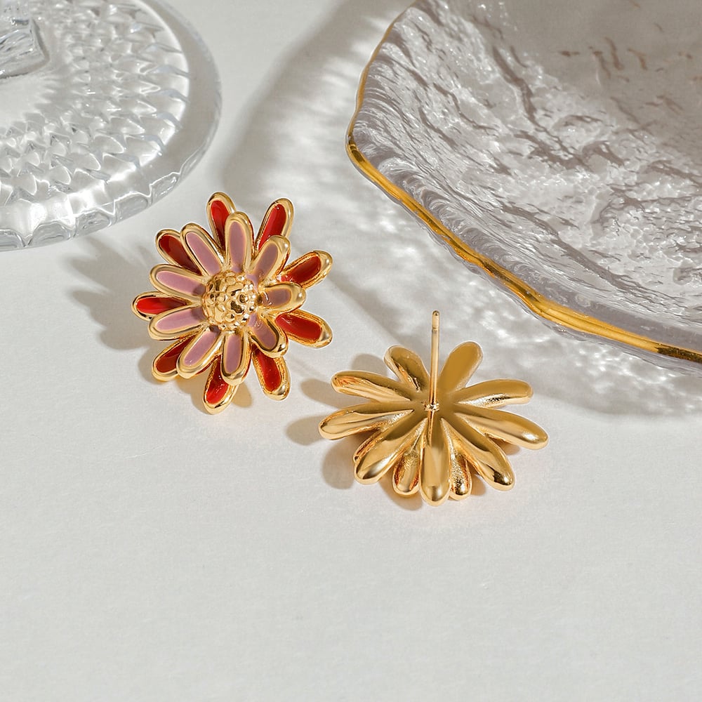 1 Pair Luxurious Series Chic Daisy Oil Drip Technique Stainless Steel Gold Color Women's Stud Earrings h5Picture11