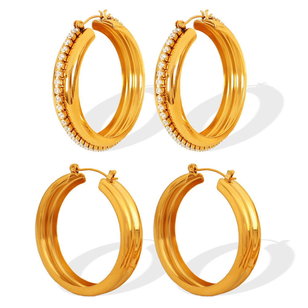 1 pair simple series classic solid color stainless steel  gold plated zircon women hoop earrings Picture3