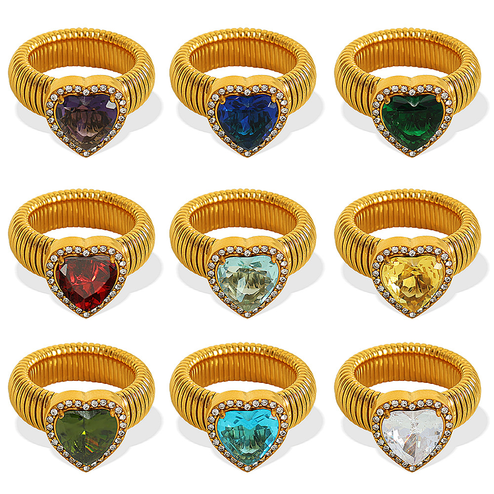 1 pair romantic series retro heart colorful stainless steel  gold color plated zircon women's single rings Picture6